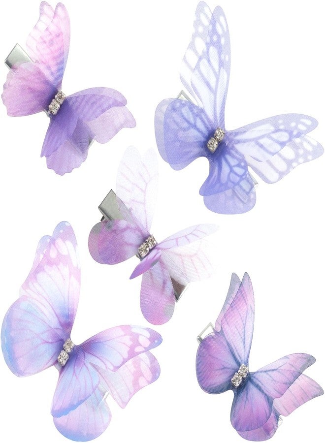 SmallCat 5pcs Butterfly Hair Barrettes for Women, 2 Sizes Gradient Purple Organza Bling Rhinestone Hair Clips, Cute Hairstylist Bow Pin Accessories for Daily, Wedding, Rave Party - Image 1
